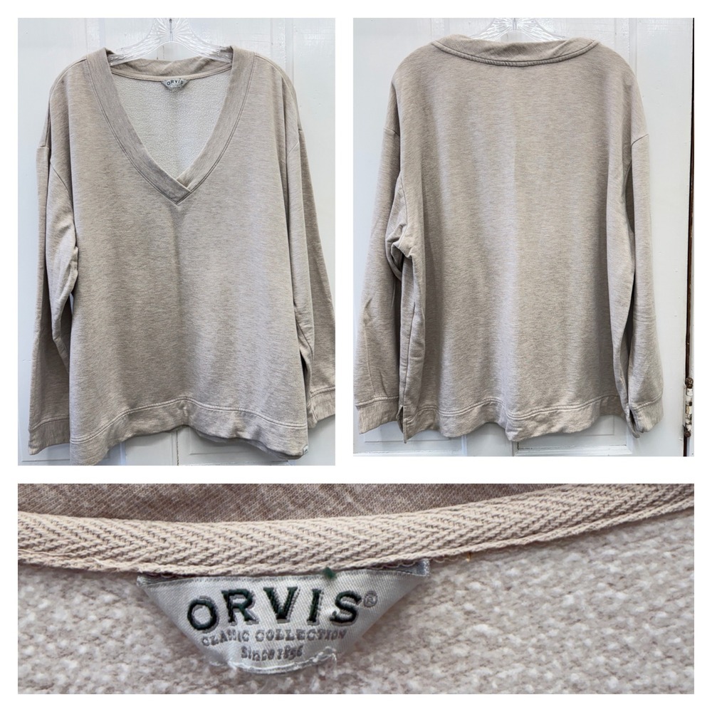 Orvis v neck taupe heather tan‎ pullover sweatshirt women's 2xl beige